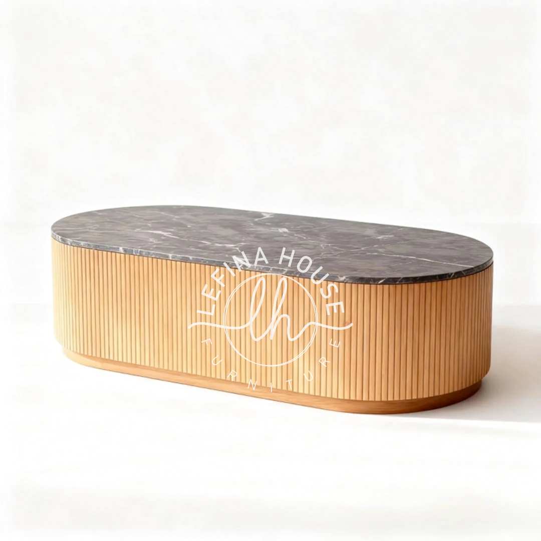 meja kopi oval kayu marmer modern