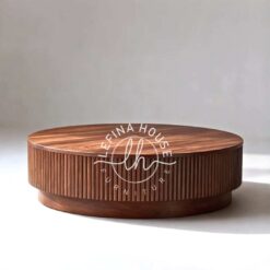 meja jati bundar panel garis