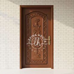 Pintu klasik berornamen kayu ukiran mewah detail floral finishing glossy untuk rumah besar