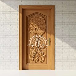 Pintu klasik berornamen floral motif bunga artistik bahan jati solid finishing natural