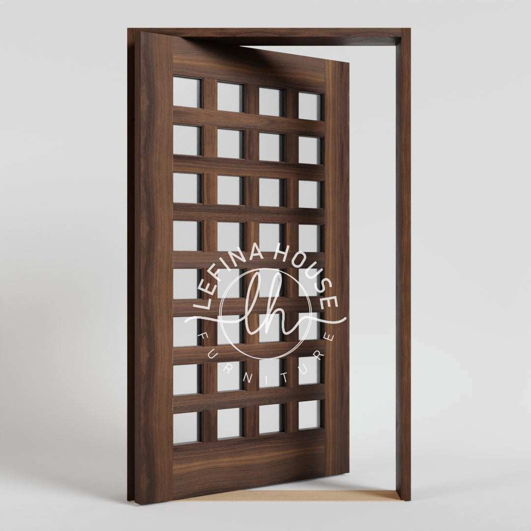 Kusen pintu kayu model grid set lengkap dengan daun pintu minimalis jati