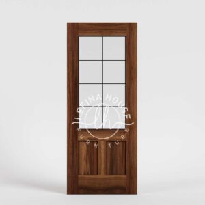 Pintu kayu minimalis dengan kaca grid desain french door modern untuk ruang terang