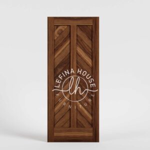 Pintu kayu kamar motif chevron kontemporer pola V-shape unik bahan jati finishing natural