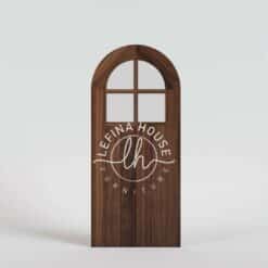 Pintu lengkung kayu satu panel desain klasik megah bahan jati TPK finishing walnut