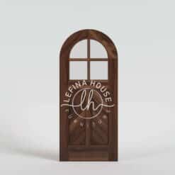 Pintu kamar kayu lengkung dengan jendela kaca unik bahan jati finishing walnut