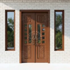 Pintu kupu tarung jati kaca panjang panel ukir elegan Jepara