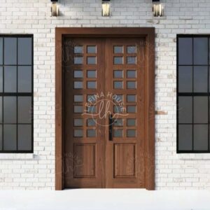 Pintu kupu tarung jati modern dengan kisi kaca
