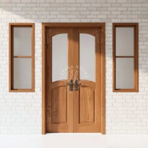 Pintu kupu tarung kayu jati kombinasi kaca minimalis