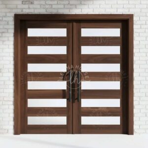 Pintu kayu jati garis horizontal kaca modern
