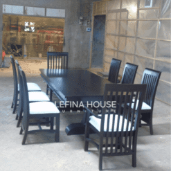 Set meja makan minimalis 8 kursi ruji elegan warna gelap