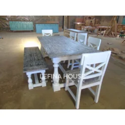 Set meja makan kayu vintage putih gaya white wash