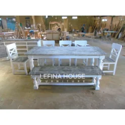 Set makan kayu putih white wash gaya shabby chic