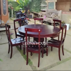 Set meja makan bundar antik dengan 6 kursi jati