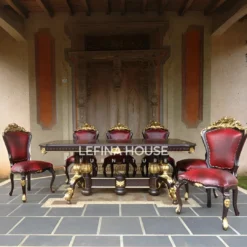 Set kursi makan ukir antik 6 dudukan kombinasi warna natural dan gold