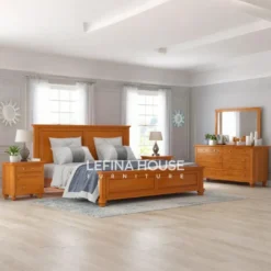 Set kamar tidur minimalis kayu jati Tsania dengan dipan, nakas, dan meja rias finishing coklat muda