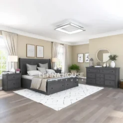 Set tempat tidur minimalis dari kayu mahoni finishing duco grey dengan dipan, nakas, dan meja rias