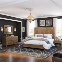 Set kamar tidur minimalis kayu jati finishing coklat natural, terdiri dari dipan, nakas, dan meja rias