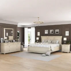 Set tempat tidur minimalis modern dari kayu mahoni finishing duco putih dengan dipan, nakas, dan meja rias