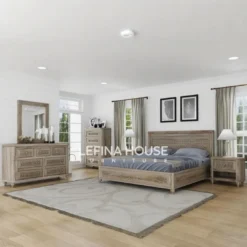 Set kamar tidur kayu jati finishing white wash dengan gaya minimalis natural, terdiri dari dipan, nakas, meja rias, dan tallboy