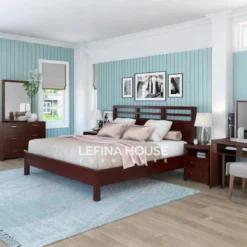 Set kamar tidur dari kayu jati solid finishing salak tua, terdiri dari dipan, nakas, dan meja rias gaya minimalis