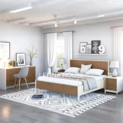 Set tempat tidur minimalis modern dari kayu mahoni finishing kombinasi putih dan natural, termasuk dipan, nakas, dan meja rias