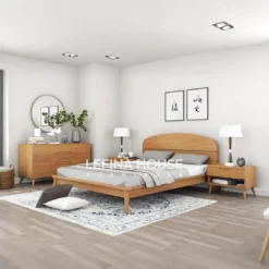 Set kamar tidur jati finishing natural dengan desain minimalis, terdiri dari dipan, nakas, dan meja rias