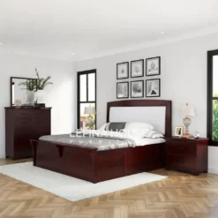 Set kamar tidur kayu jati finishing salak tua, desain minimalis dengan dipan, nakas, dan meja rias