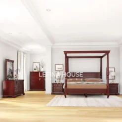 Set tempat tidur jati dengan desain kanopi klasik dan finishing salak tua, dilengkapi nakas, meja rias, dan tallboy