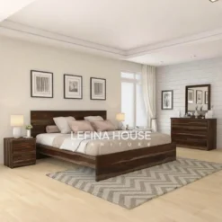 Set kamar tidur jati bergaya antik minimalis dengan finishing salak tua, terdiri dari dipan, nakas, dan meja rias