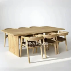 Set meja makan jati minimalis Japandi dengan 6 kursi jok busa dan kaki melengkung natural