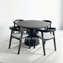 Set meja makan bundar jati finishing duco hitam dengan 4 kursi dudukan putih model modern