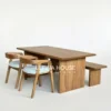 Set meja makan jati dengan bangku panjang dan desain panel kayu natural