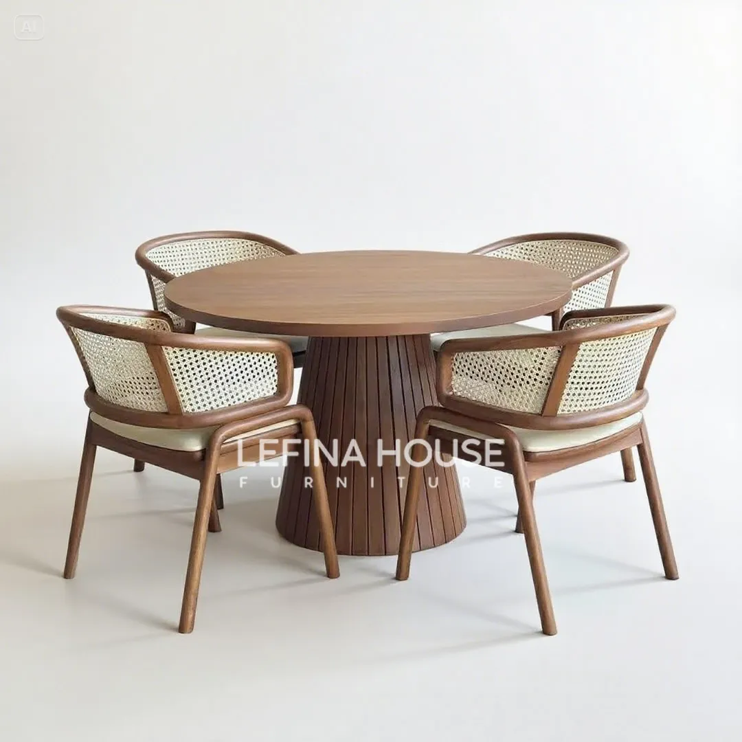 Set meja makan bundar rotan 4 kursi dengan kaki sirip silinder dan jok ivory