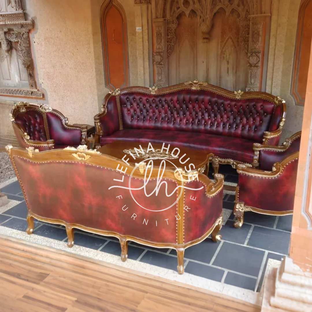 Sofa tamu jati ukiran jepara jok warna merah gelap