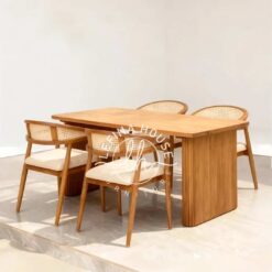 Set meja makan jati kaki blok kursi sandaran rotan