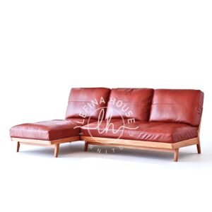 Kursi Sofa Kulit Modern Mewah Merah Bata Kaki Kayu desain premium