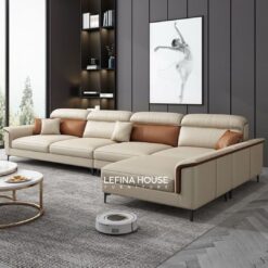 Sofa L sudut kulit warna krem desain modern