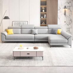 Sofa tamu L shape abu-abu fabric lengkap meja