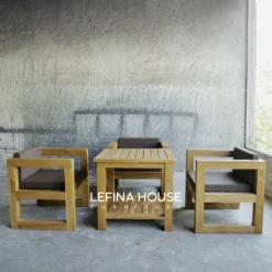 Set sofa teras kayu jati solid Nando 4 dudukan dengan desain elegan khas mebel Jepara