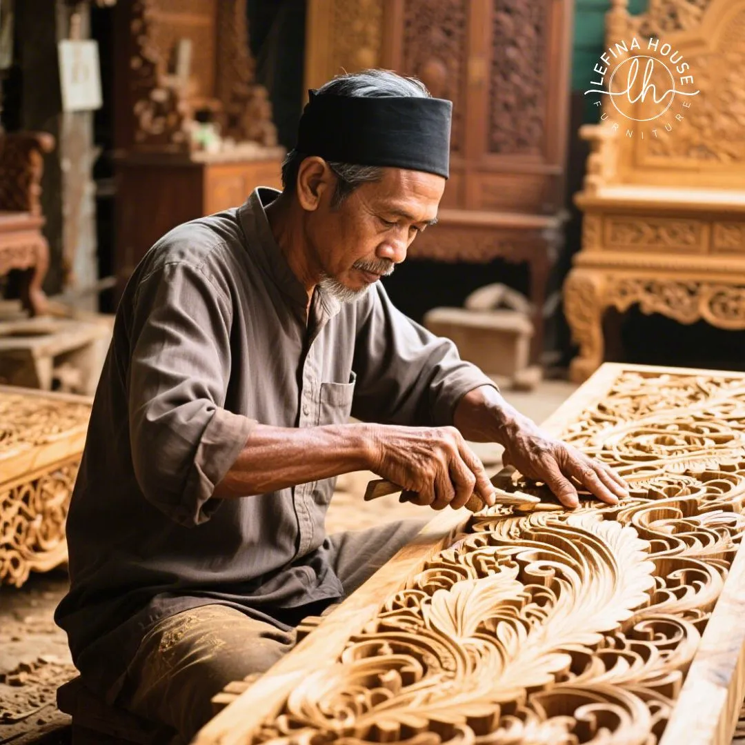 Pengrajin Jepara mengukir kayu jati di bengkel tradisional