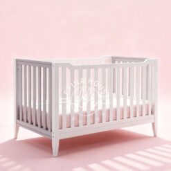 Tempat Tidur Bayi Putih berdesain minimalis dengan kaki yang ramping dan modern.