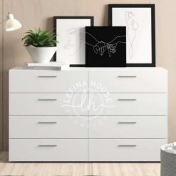 Bufet lebar YOBA013 warna putih bersih dengan 8 laci penyimpanan yang sangat luas.