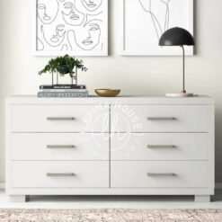 Bufet gaya Skandinavian YOBA014 warna putih dengan 6 laci dan handle model cut-out.