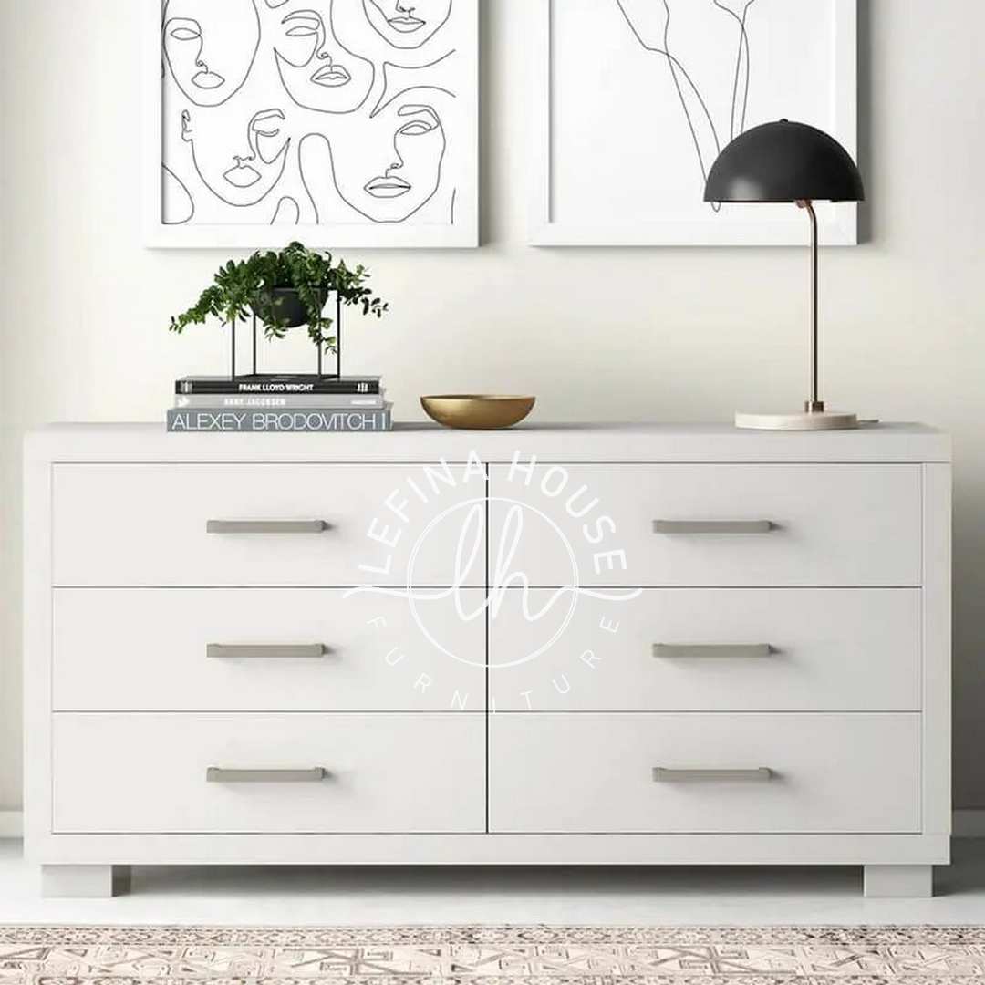 Bufet gaya Skandinavian YOBA014 warna putih dengan 6 laci dan handle model cut-out.