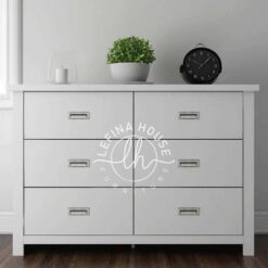 Bufet laci modern YOBA017 warna putih dengan 6 laci dan handle metal minimalis.