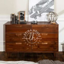 Bufet modern YOBA022 dengan kombinasi dua warna kayu jati dan kaki besi yang kokoh.