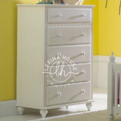 Lemari laci tinggi (tallboy) YOBA024 warna ivory dengan 5 laci dan kaki bubut klasik.