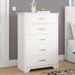 Lemari laci tinggi modern YOBA032 warna putih dengan 5 laci dan handle metal.