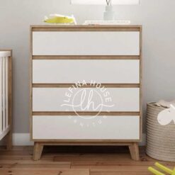 Lemari laci tinggi YOBA033 dengan 4 laci kayu natural dan rangka putih.