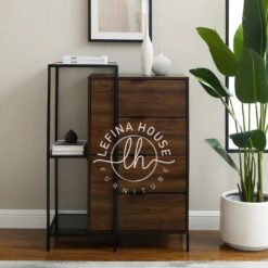 Lemari laci industrial YOBA039 dengan 4 laci kayu dan rangka besi plus rak terbuka.